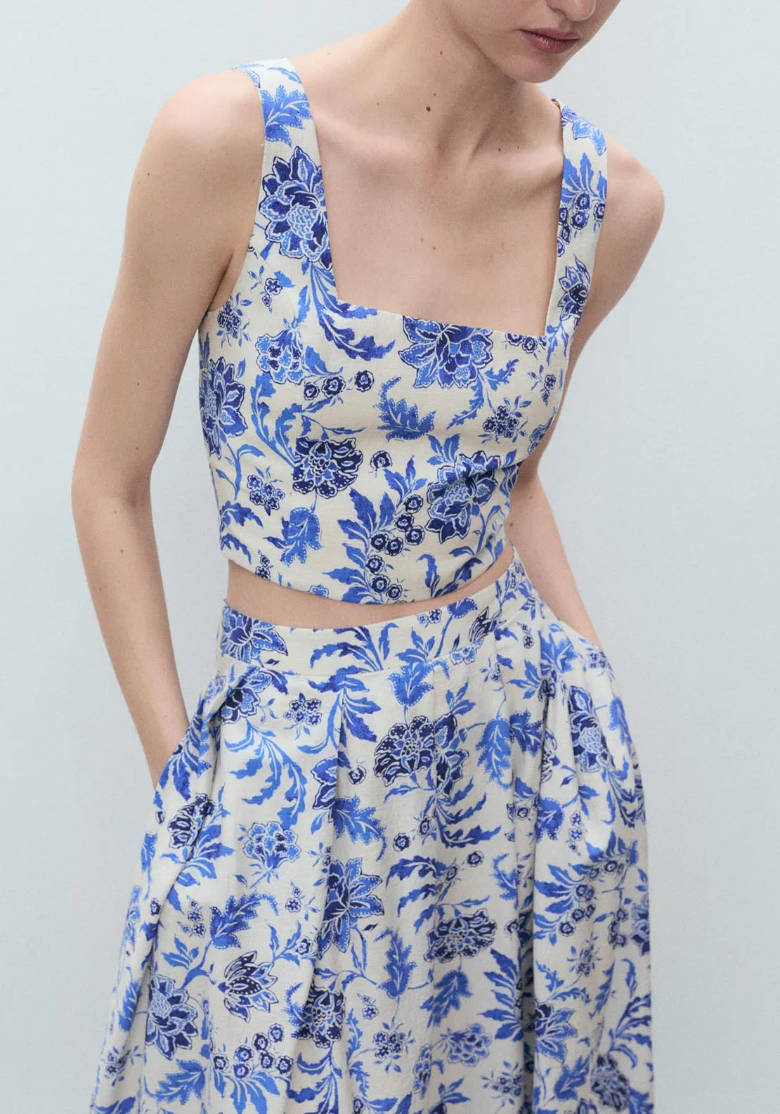Long Floral Flared Skirt - Beige