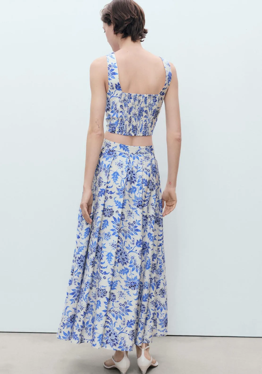 Long Floral Flared Skirt - Beige
