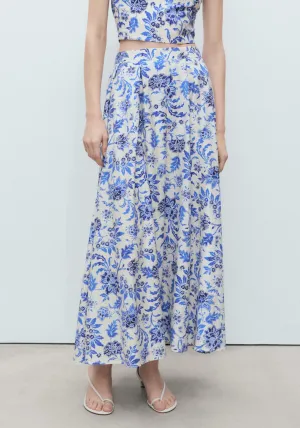 Long Floral Flared Skirt - Beige