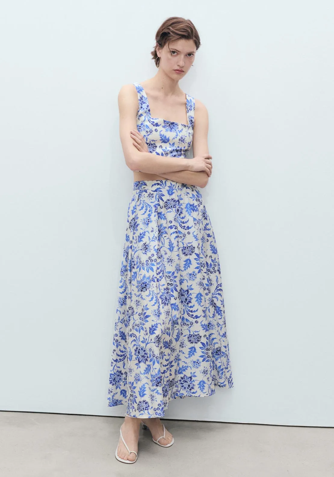 Long Floral Flared Skirt - Beige