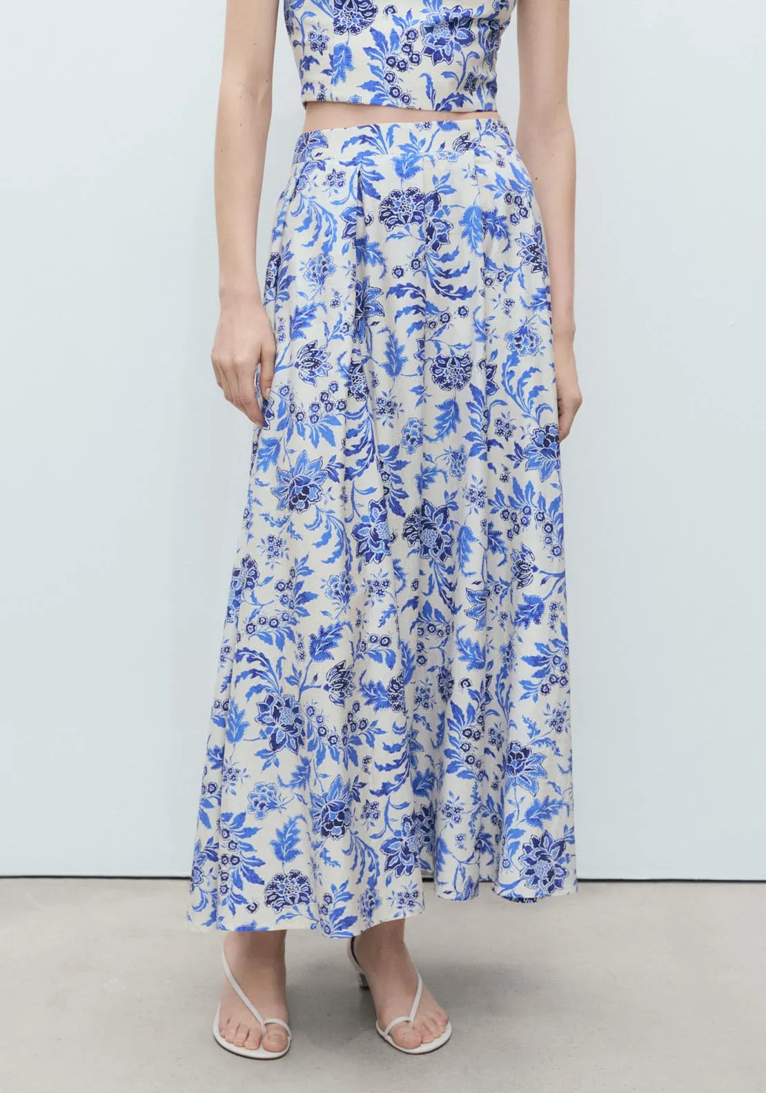 Long Floral Flared Skirt - Beige