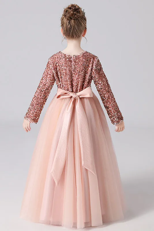Long Sleeve Sequins Floor Length Tulle Flower Girl Dresses