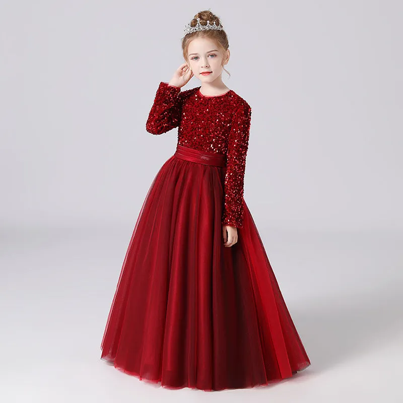 Long Sleeve Sequins Floor Length Tulle Flower Girl Dresses