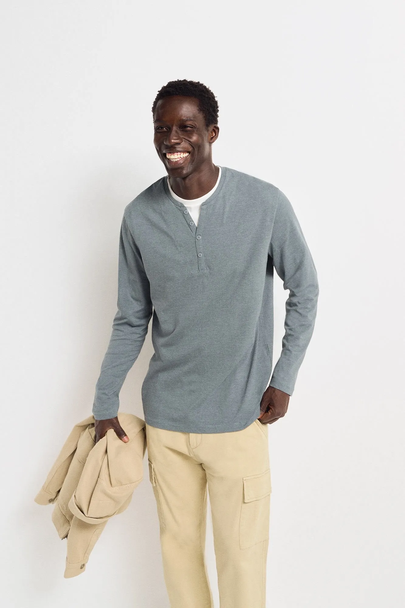 Long Sleeve Striped Henley T-Shirt - Blue