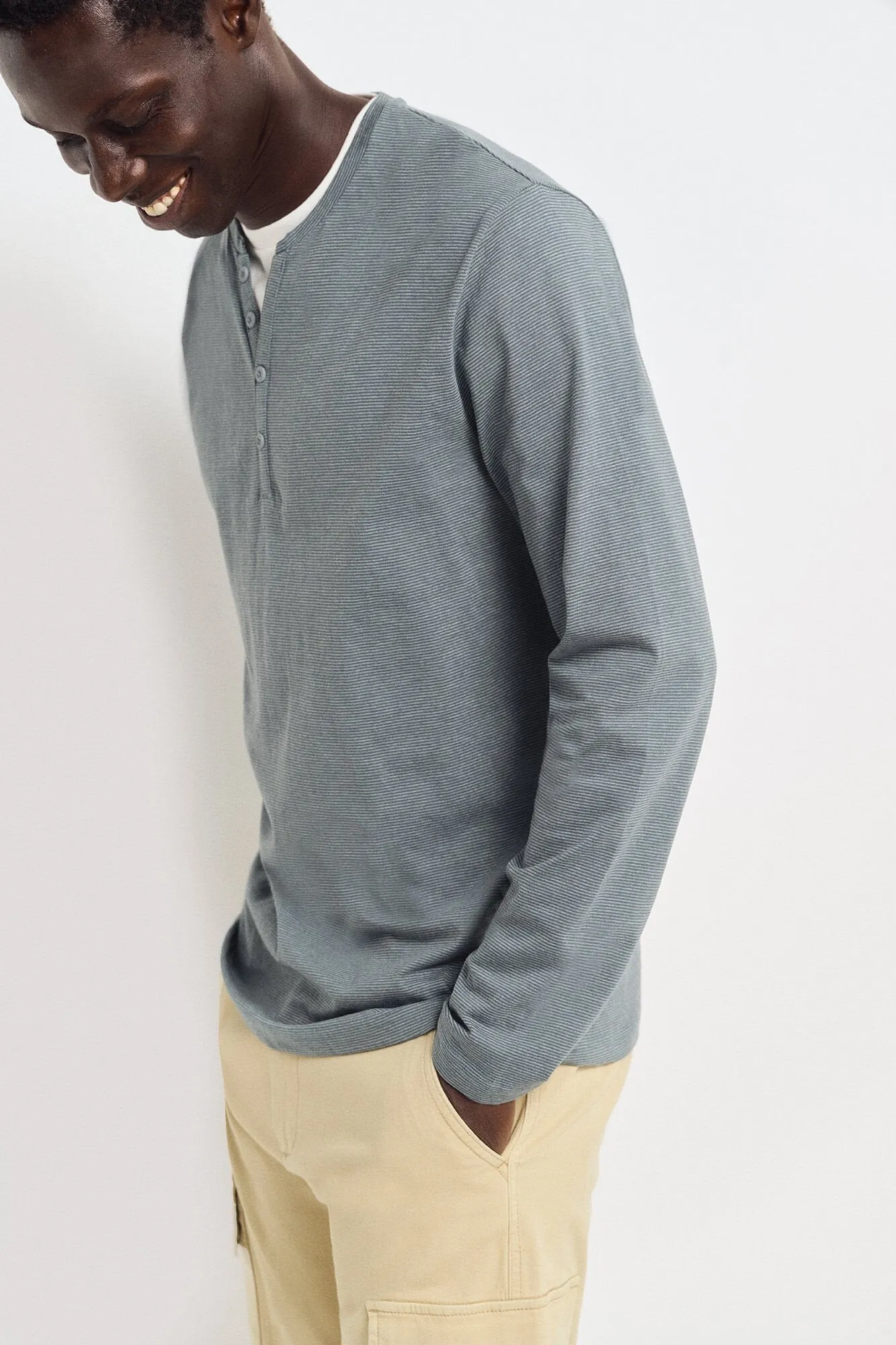 Long Sleeve Striped Henley T-Shirt - Blue