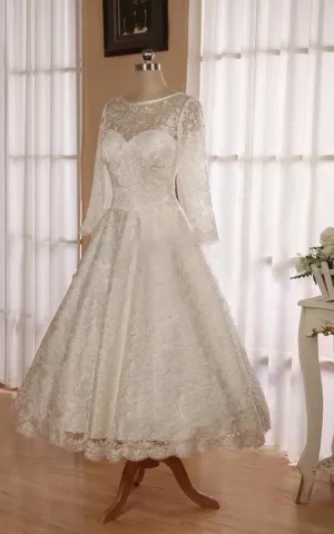Low V Back Tea Length Lace Wedding Dresses