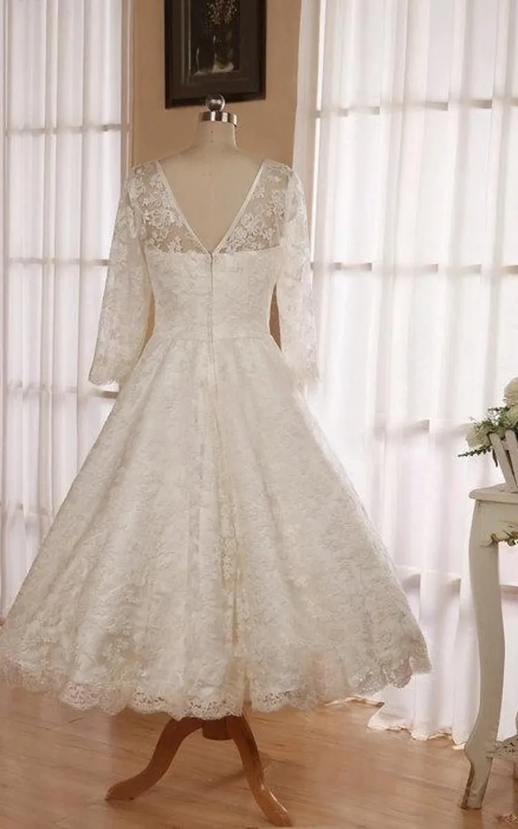 Low V Back Tea Length Lace Wedding Dresses