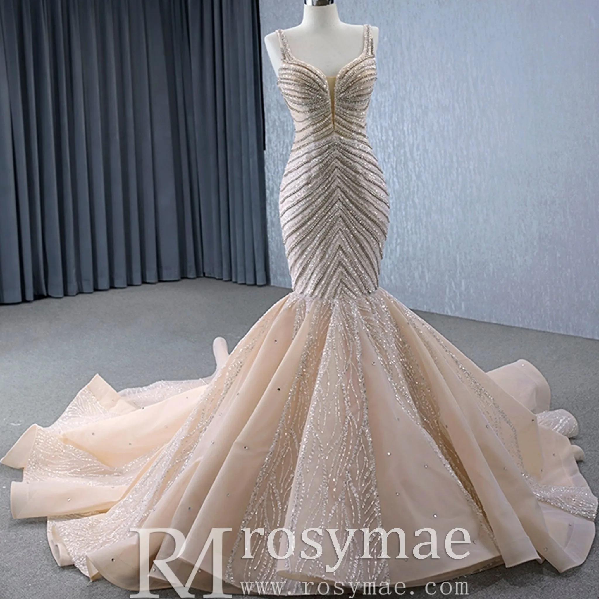 Luxury Beaded Trumpet Wedding Dresswith Spaghetti Strap Formal Gown