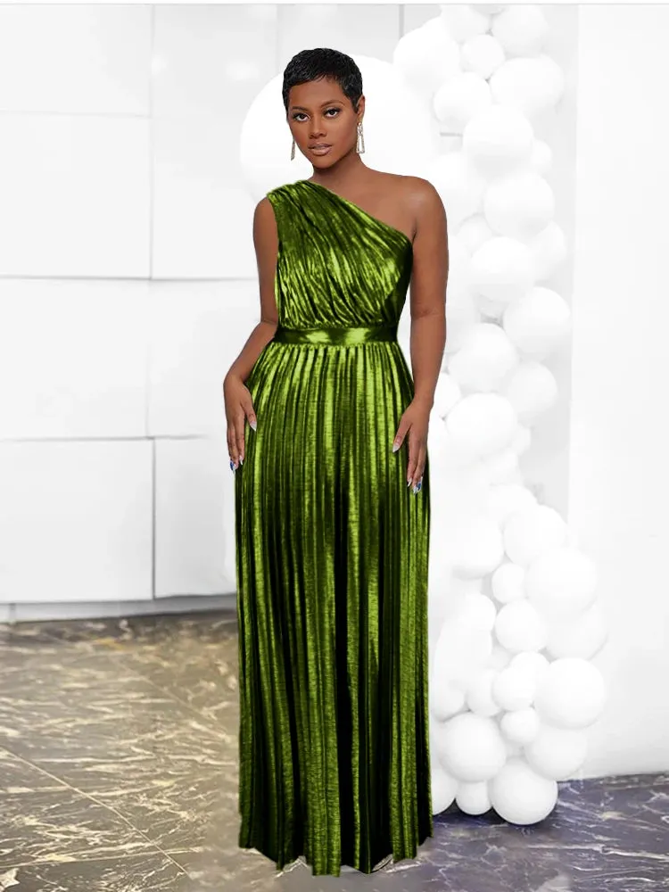 Luxury Maxi Long Metallic Pleated Dress