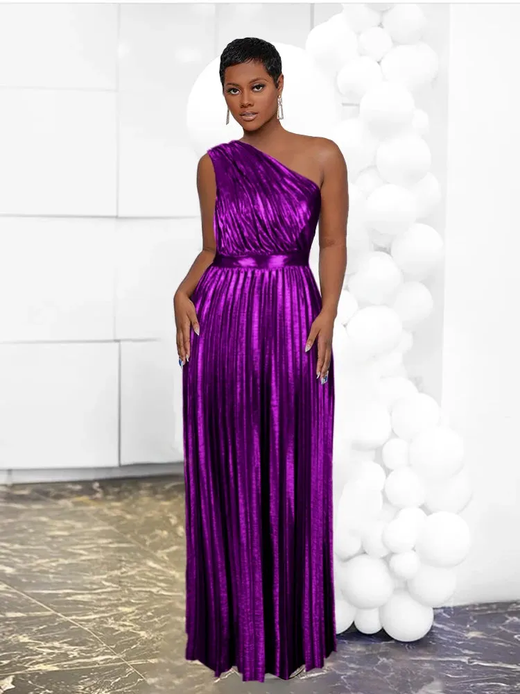 Luxury Maxi Long Metallic Pleated Dress