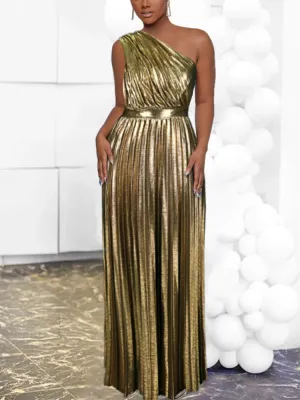 Luxury Maxi Long Metallic Pleated Dress