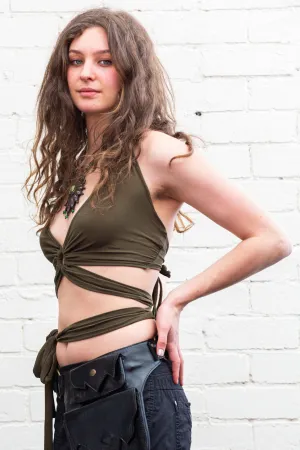Manuka Wrap Halter Top in Army Green