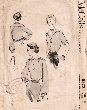 McCall's 8573 Womens Classic Long or Short Sleeved Blouses 1950s Vintage Sewing Pattern Size 18 Bust 36 inches