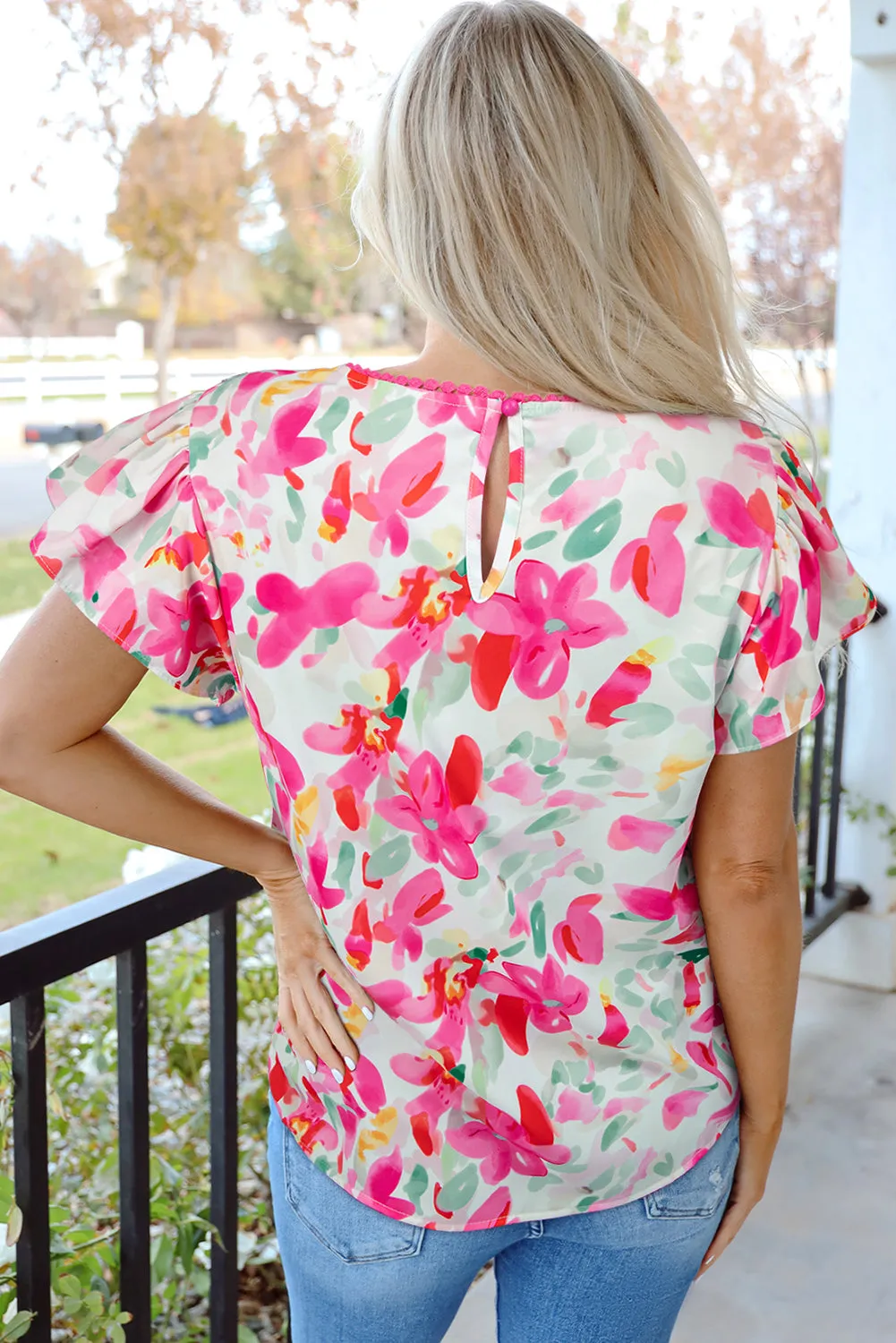 Melody Floral Rose Flutter Casual Blouse
