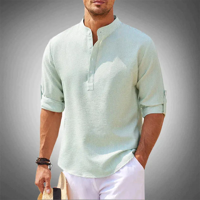 Men’s Textured Henley Shirt – Mandarin Collar – Lightweight – Roll-Up Sleeves – Relaxed Summer Look