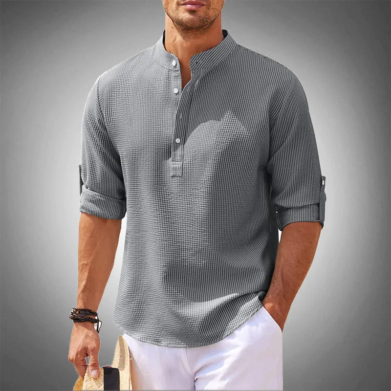 Men’s Textured Henley Shirt – Mandarin Collar – Lightweight – Roll-Up Sleeves – Relaxed Summer Look