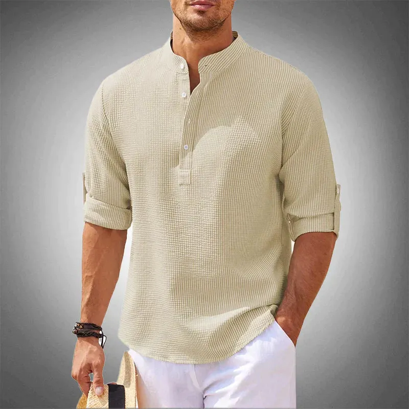 Men’s Textured Henley Shirt – Mandarin Collar – Lightweight – Roll-Up Sleeves – Relaxed Summer Look