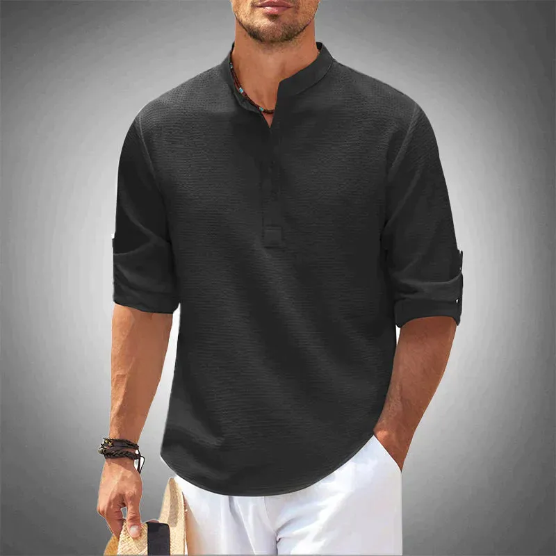 Men’s Textured Henley Shirt – Mandarin Collar – Lightweight – Roll-Up Sleeves – Relaxed Summer Look