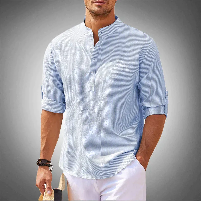 Men’s Textured Henley Shirt – Mandarin Collar – Lightweight – Roll-Up Sleeves – Relaxed Summer Look