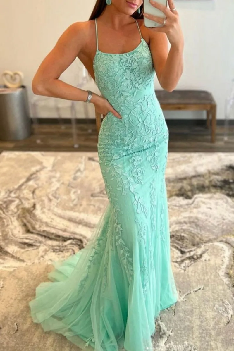 Mermaid Spaghetti Straps Lace Prom Dresses