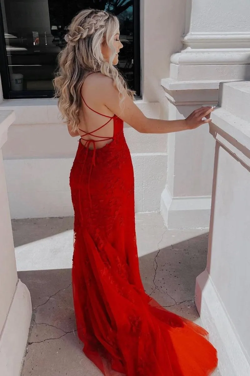 Mermaid Spaghetti Straps Lace Prom Dresses