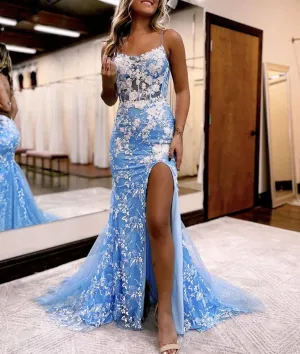 Mermaid Spaghetti Straps Lace Tulle Prom Dresses with Slit