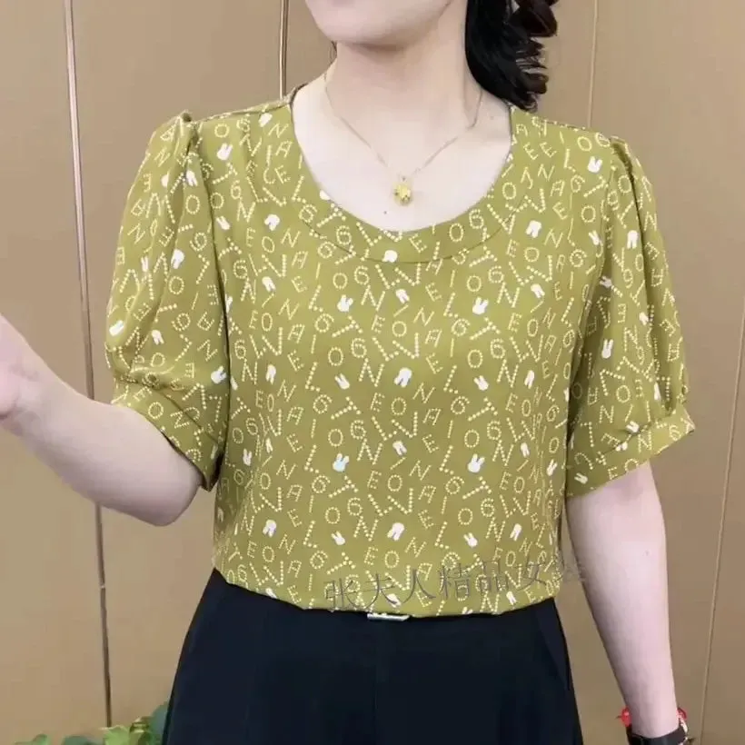 Middle Age Women Clothing 2025 Summer Stylish Print Short Sleeve Blouses Elegant Chic Loose Shirts Ladies Casual Round Neck Tops
