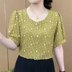 Middle Age Women Clothing 2025 Summer Stylish Print Short Sleeve Blouses Elegant Chic Loose Shirts Ladies Casual Round Neck Tops