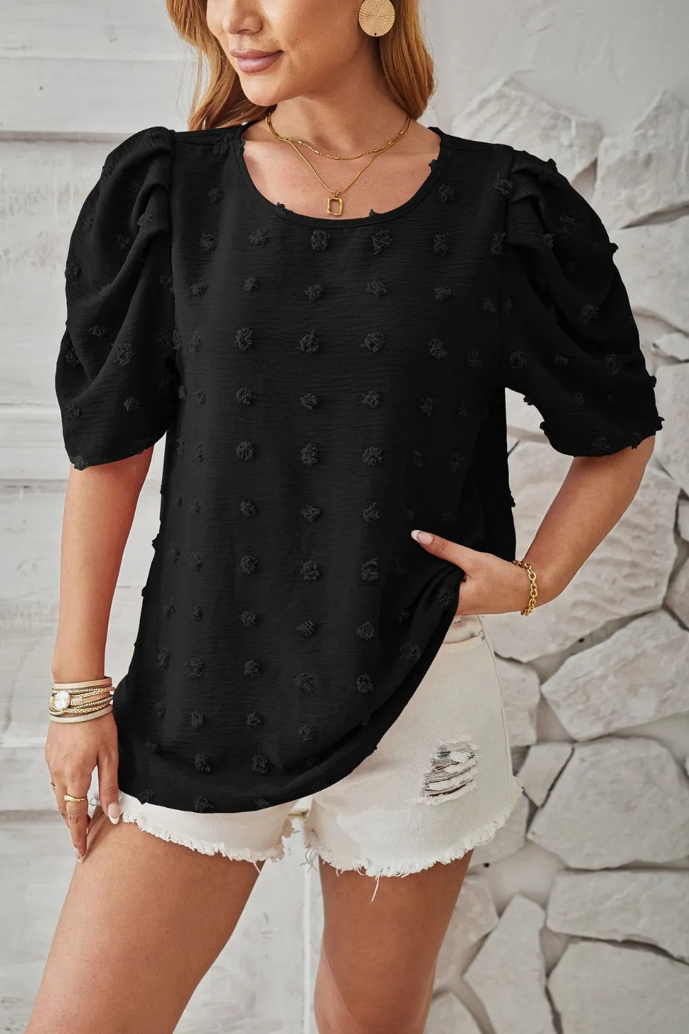 Milani Swiss Dot Round Neck Short Sleeve Blouse