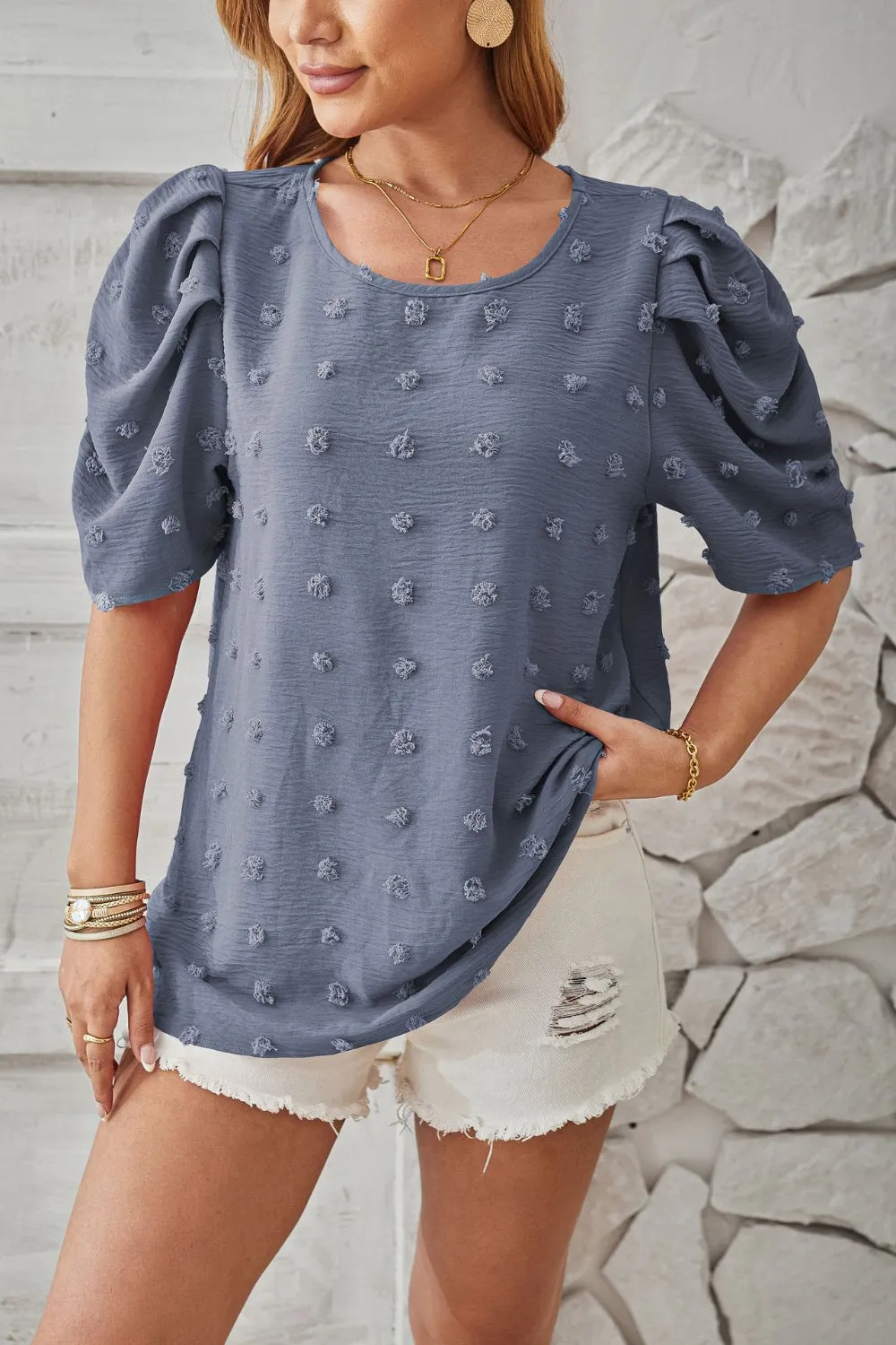 Milani Swiss Dot Round Neck Short Sleeve Blouse