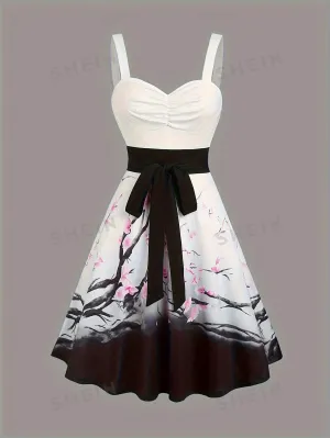 MOD Women's Elegant Floral Printed Color Block Spaghetti Strap Dress, Summer