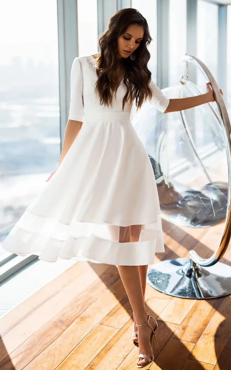 Modern Satin V-neck A-line Tea-length Wedding Dresses