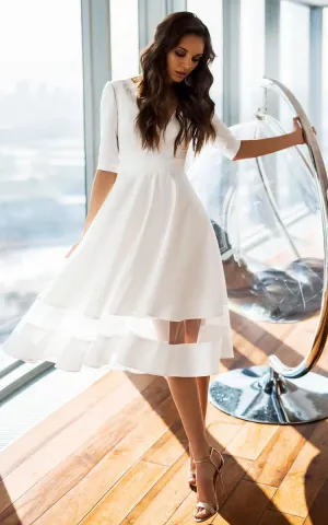 Modern Satin V-neck A-line Tea-length Wedding Dresses