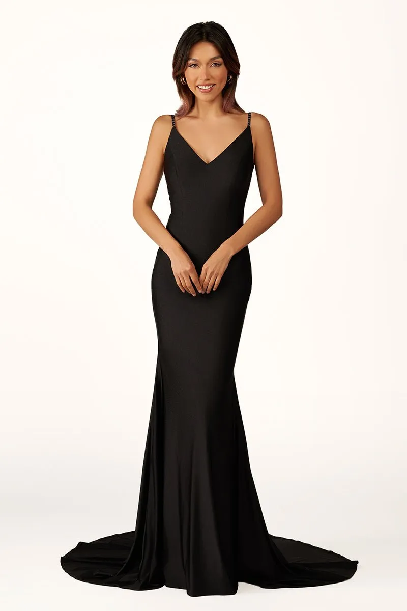 Navy Blue Beaded V-Neck Backless Mermaid Long Prom Dress