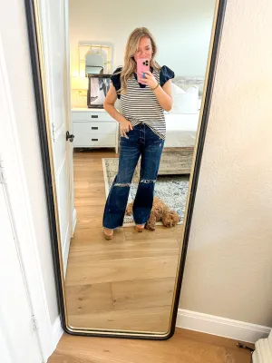 Navy Striped Puff Sleeve Top