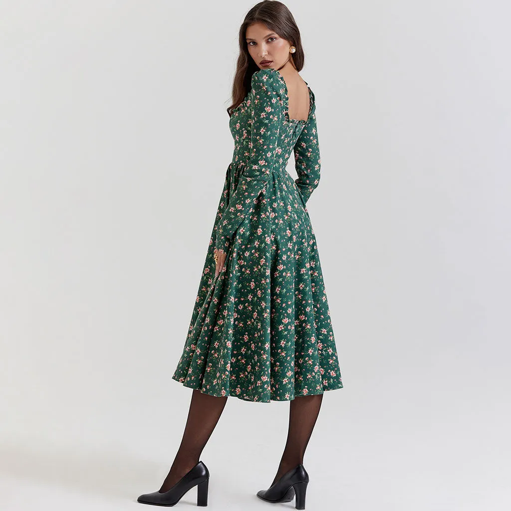 Nostalgic Frilled Square Neck High Waist Long Sleeve Floral Printed Midi Cocktail Dress