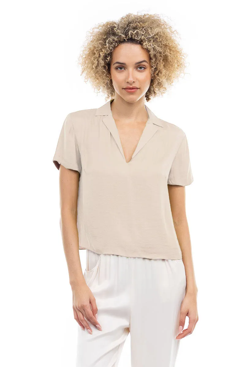 Notched Collar Crop Blouse