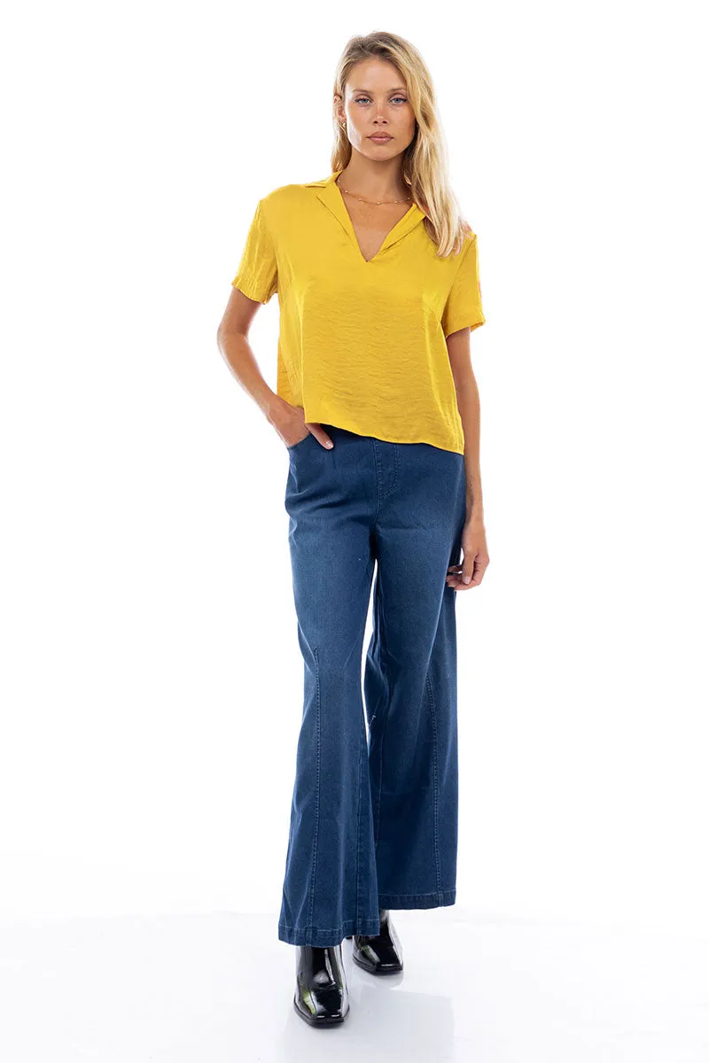 Notched Collar Crop Blouse