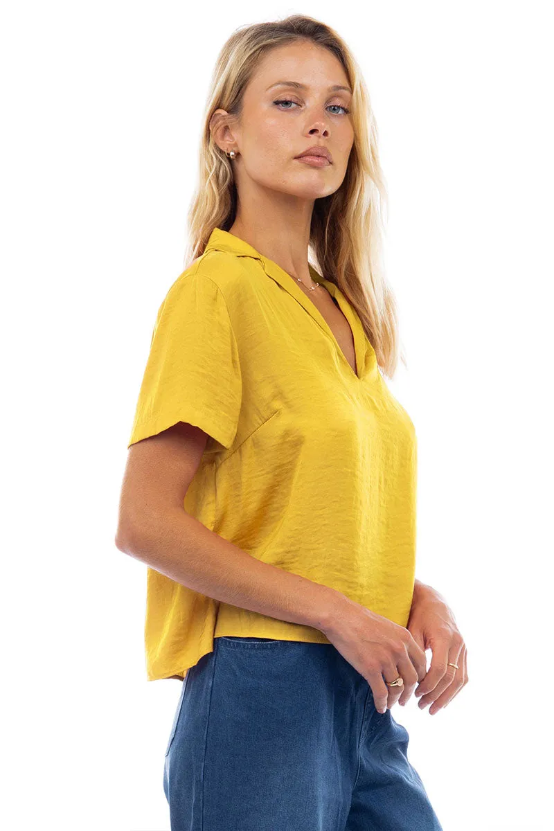 Notched Collar Crop Blouse