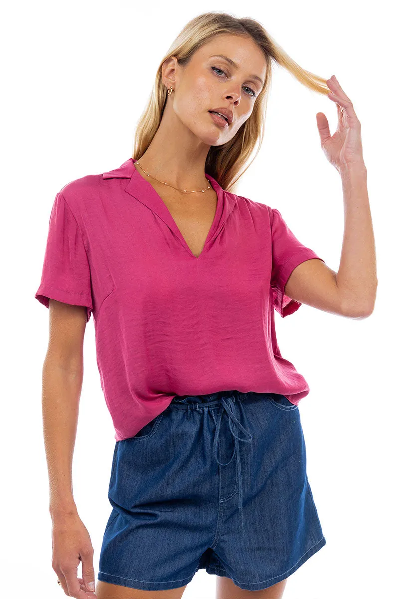 Notched Collar Crop Blouse