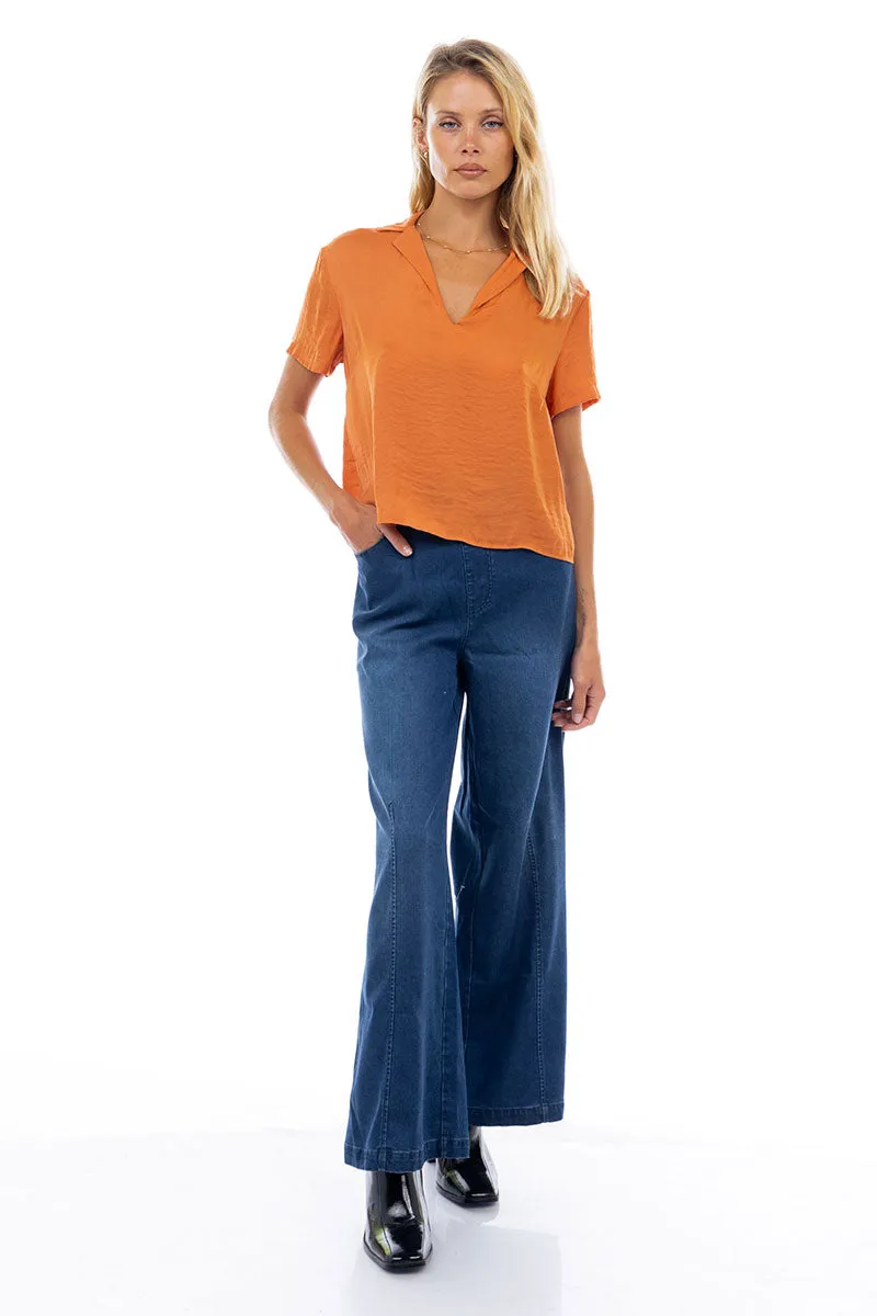 Notched Collar Crop Blouse