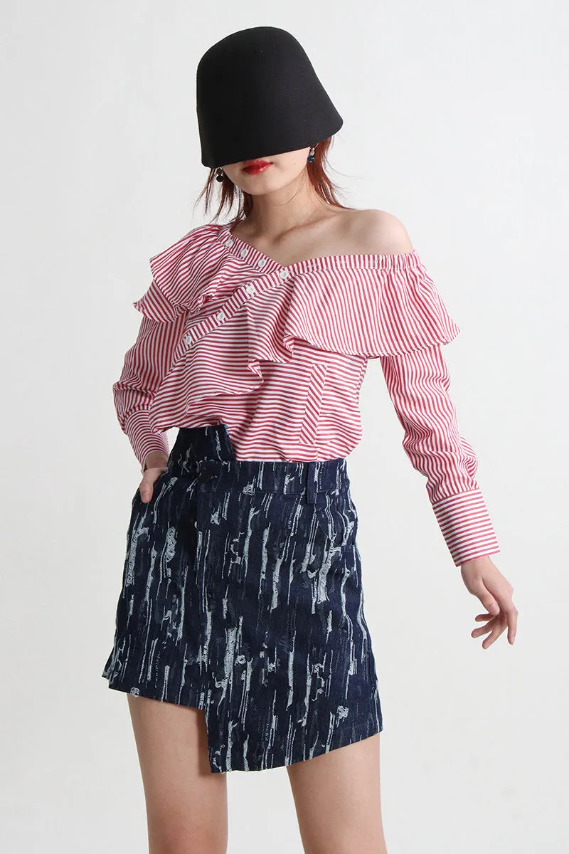 Off-Shoulder Puff-Sleeve Striped Ruffled Blouse