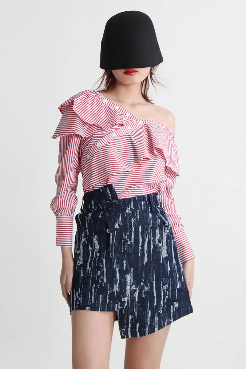 Off-Shoulder Puff-Sleeve Striped Ruffled Blouse