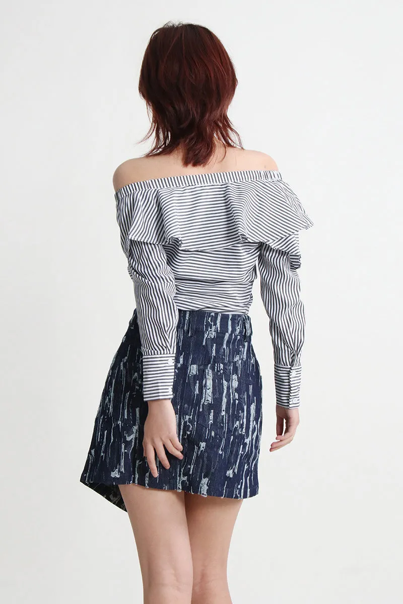 Off-Shoulder Puff-Sleeve Striped Ruffled Blouse