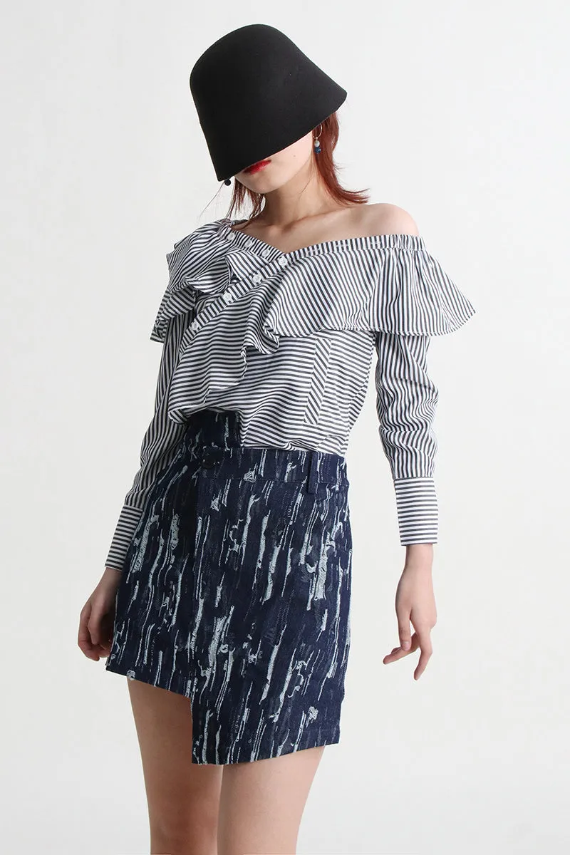 Off-Shoulder Puff-Sleeve Striped Ruffled Blouse
