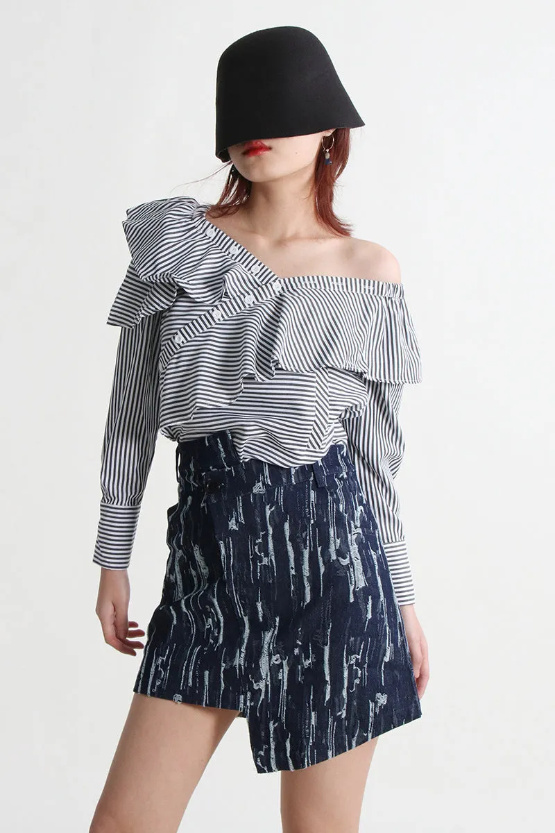 Off-Shoulder Puff-Sleeve Striped Ruffled Blouse