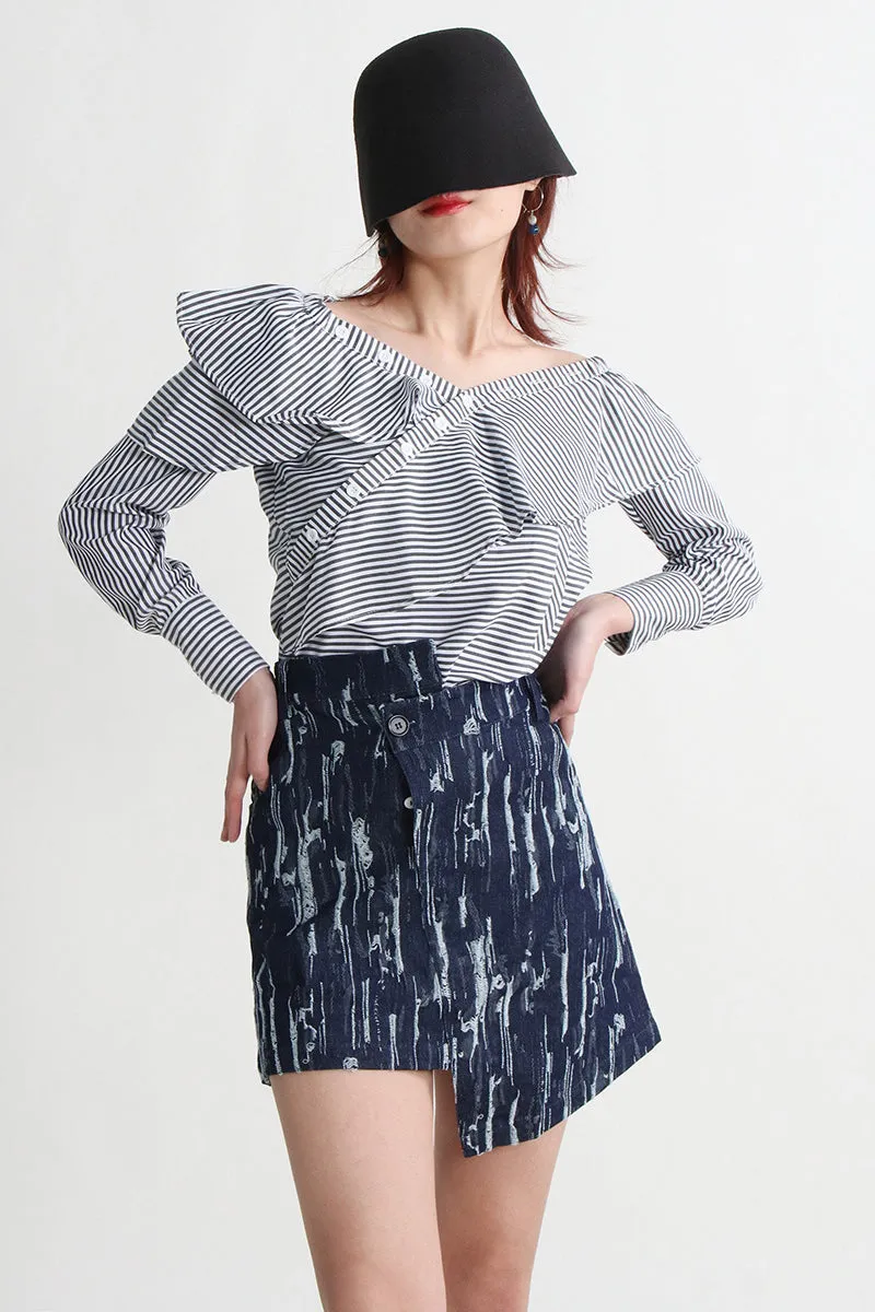 Off-Shoulder Puff-Sleeve Striped Ruffled Blouse