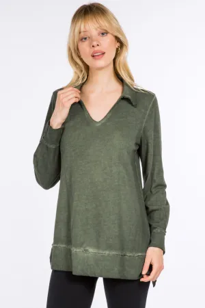 Oil Washed French Terry Split Neck Collared Tunic - Spruce