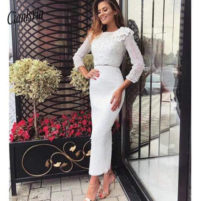 Original Black Cocktail Dress Long Sleeves Sheath Beaded Round Neck Tea Length Flowers Plus Size Women Formal Gala Dresses Party Gowns