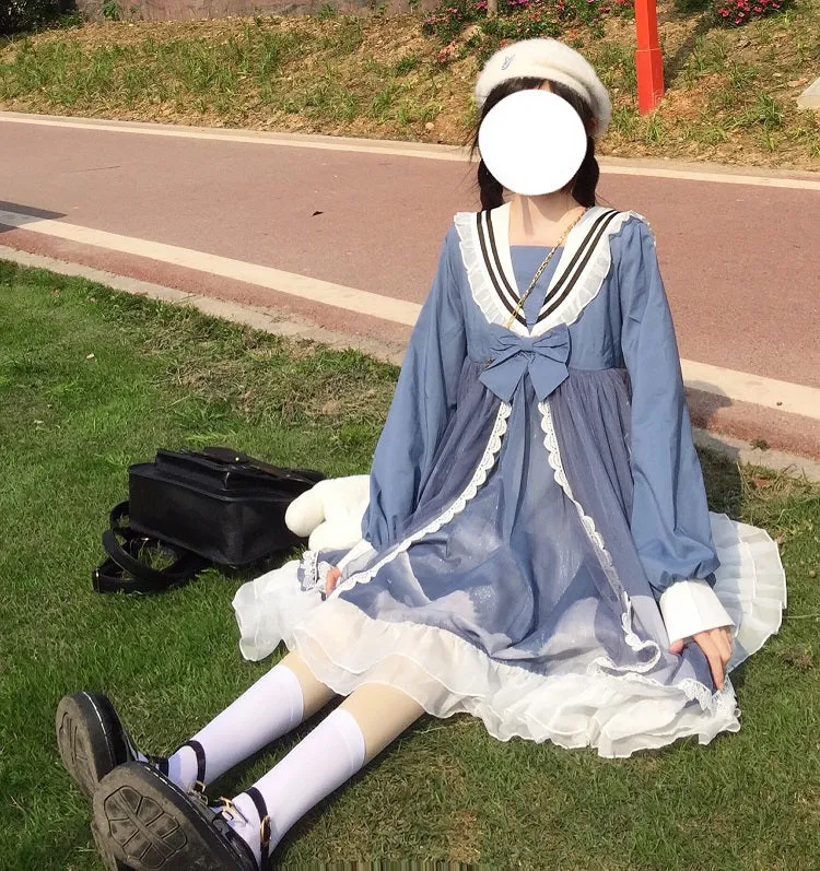 Original Design Lolita Cloud Moon Navy Collar Dress UB6314